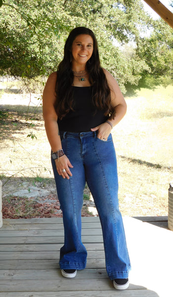 Dark High Rise Crease Flare Jeans