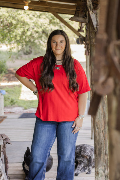 Red Ribbed Pocket Top