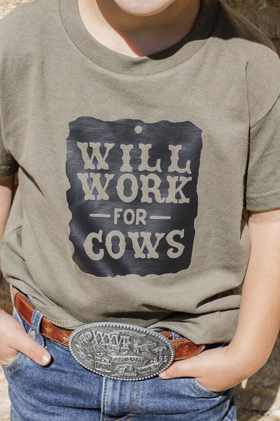 Will Work for Cows Kids Tee