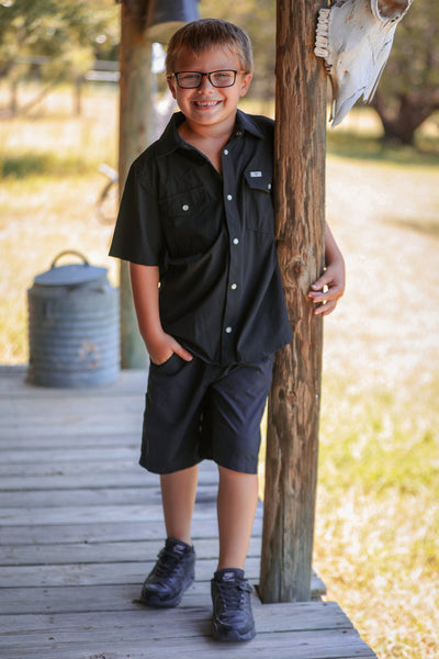 Kids Black Short Sleeve Pearl Snap