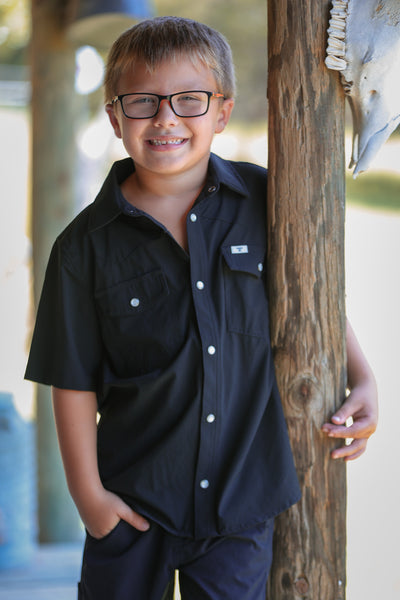 Kids Black Short Sleeve Pearl Snap