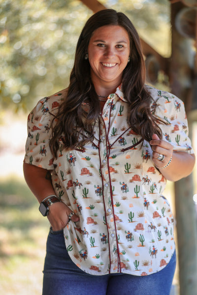 Ivory Western Cream Desert Arrow Button Up Short Sleeve