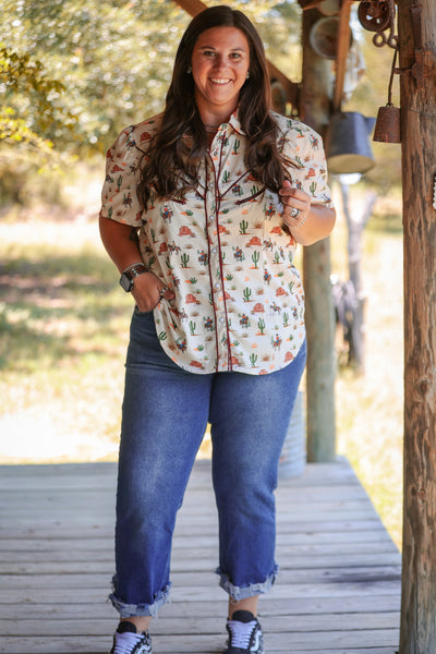 Ivory Western Cream Desert Arrow Button Up Short Sleeve