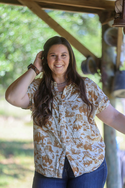 Western Buffalo Printed Button Down Collared Tunic