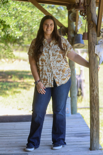 Western Buffalo Printed Button Down Collared Tunic