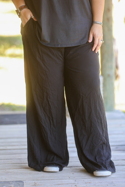 Solid Black Elastic Waist Wide Leg Pants