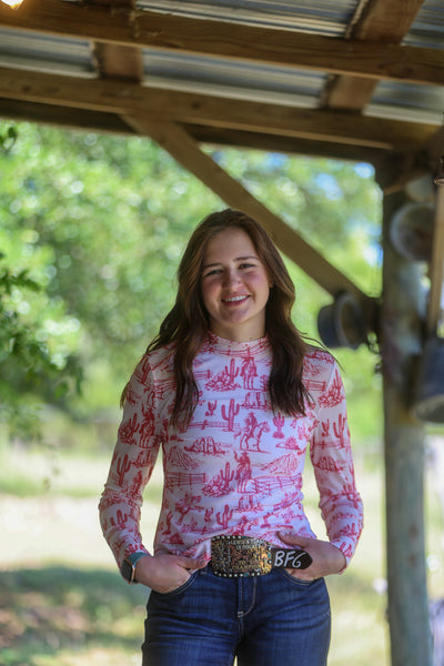 Red Western Desert Printed Mesh Top