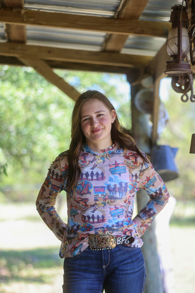 Texas Collage Printed Mesh Tops