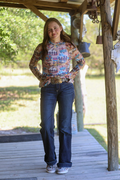 Texas Collage Printed Mesh Tops
