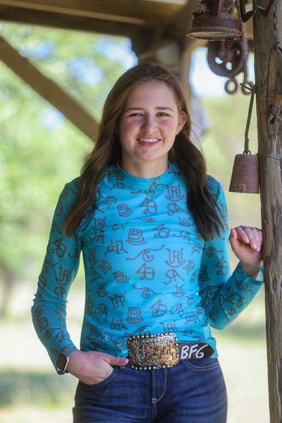 Turquoise Cattle Brand Printed Mesh Top