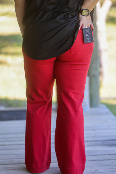 Red Denim Western Arrow Pocket Detail High Rise Wide Leg Jeans