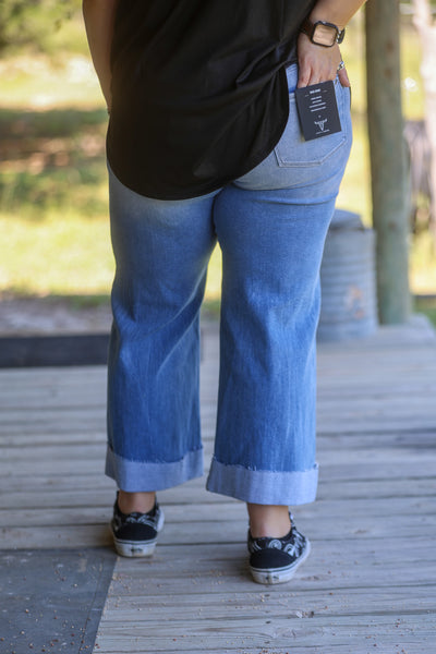Light Wash Crop Wide Leg Cuffed Mid Rise Jean