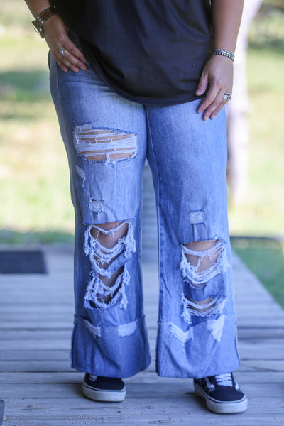 Mid Wash Distressed Mid Rise Wide Leg Cuffed Bottom Jeans
