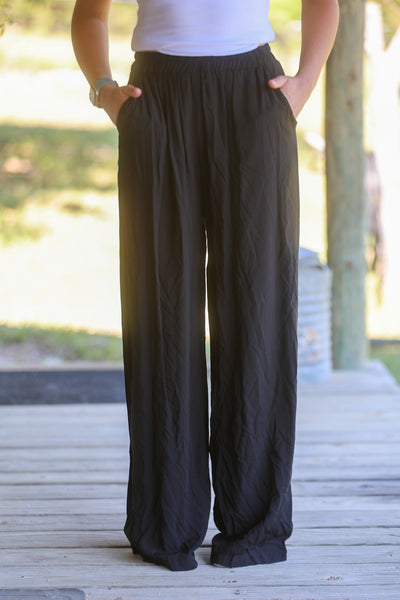 Solid Black Elastic Waist Wide Leg Pants