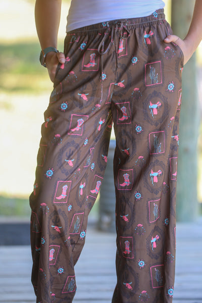 Brown Western Saddle Boot Printed Wide Leg Pant