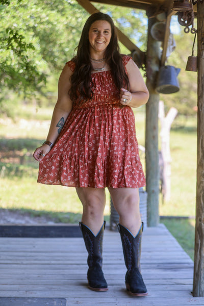 Rust Cattle Brand Printed Flutter Dress