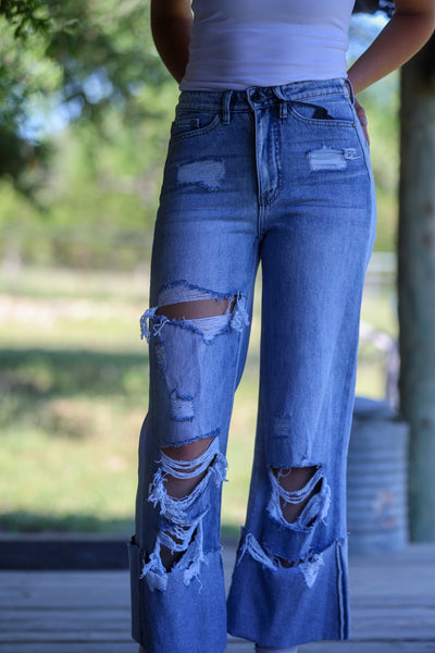 Mid Wash Crease Cuffed High Rise Boyfriend Jeans