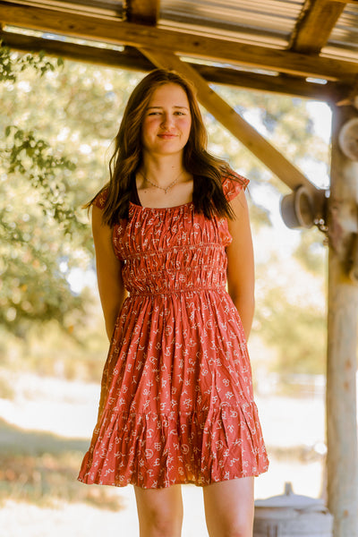 Rust Cattle Brand Printed Flutter Dress