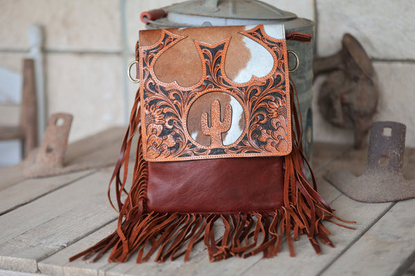 Lucky Tooled Leather & Cowhide Fringe Crossbody Bag