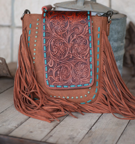 Rivet Tooled Fringe Crossbody