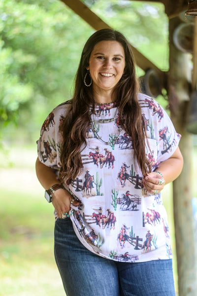 Western Cowboy Ribbed Cuffed Short Sleeve Printed Top