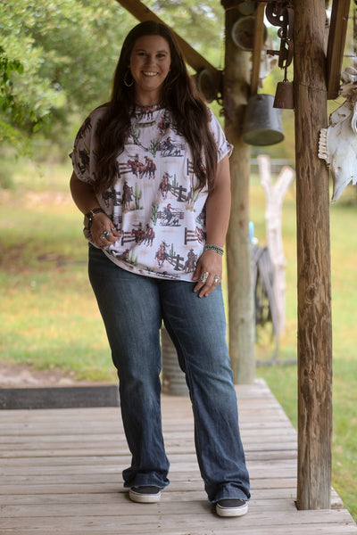 Western Cowboy Ribbed Cuffed Short Sleeve Printed Top