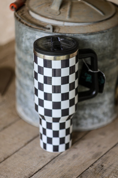 Black Check Flip Up Straw Cup
