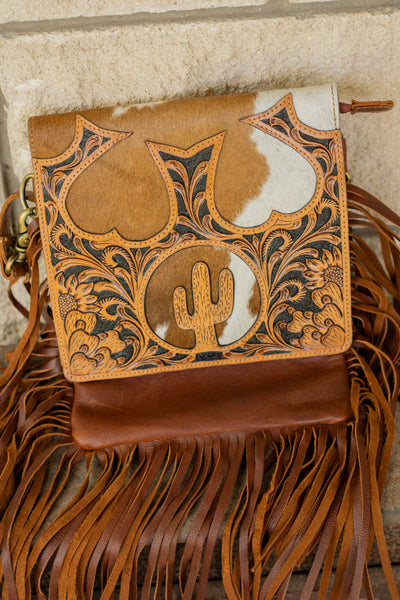 Lucky Tooled Leather & Cowhide Fringe Crossbody Bag