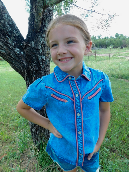 Girls Mid Wash Denim Puff Short Sleeve Western Pink Arrow Pearl Snap