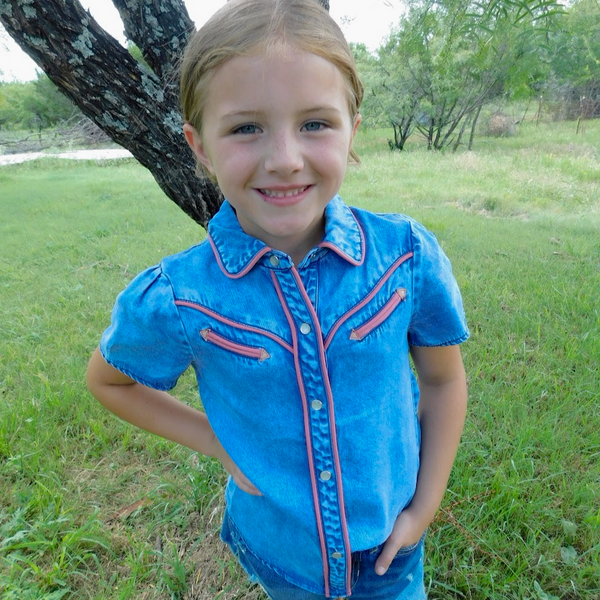 Girls Mid Wash Denim Puff Short Sleeve Western Pink Arrow Pearl Snap