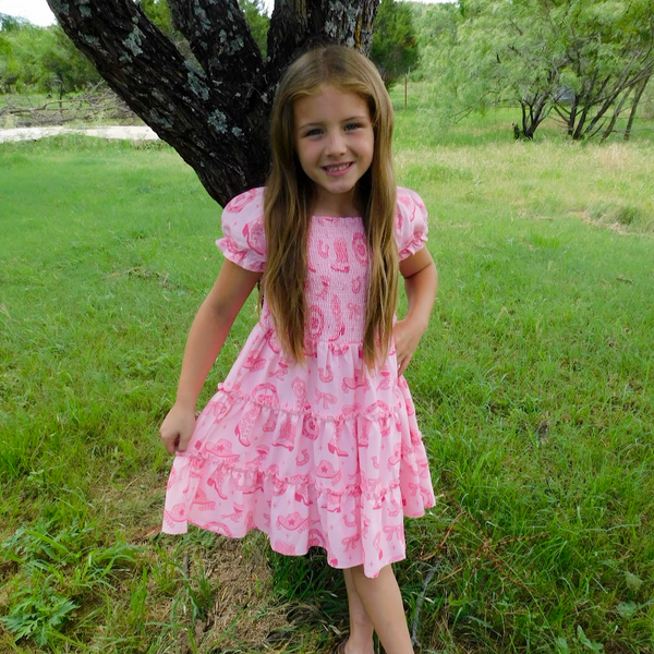 Girls Pink Boots Ruffled Dress